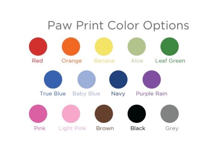 Paw print color options for clay paw prints, featuring red, orange, yellow, green, blue, pink, brown, black, and grey shades.