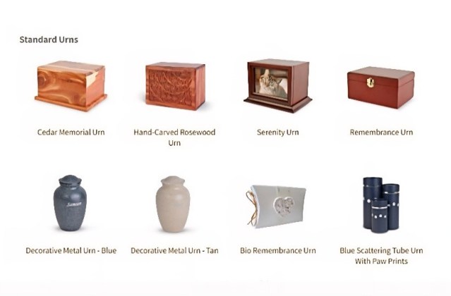 Standard pet urns including Cedar Memorial Urn, Hand-Carved Rosewood Urn, Serenity Urn, Remembrance Urn, Decorative Metal Urns in blue and tan, Bio Remembrance Urn, and Blue Scattering Tube Urn with paw prints, featured for pet cremation options.
